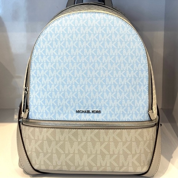 Michael Kors Rhea Medium Color-Block Signature Logo Backpack Light Sky Multi - Picture 2 of 9
